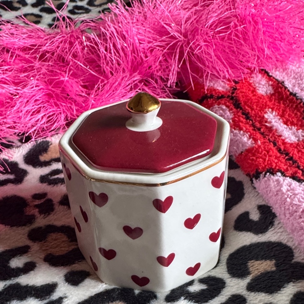 Valentines Day Heart Patterned Ceramic Jar with Gold Accent Decor